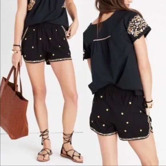 Madewell Size Medium Embroidered Springtime Pull On Black Boho Shorts - Picture 9 of 12